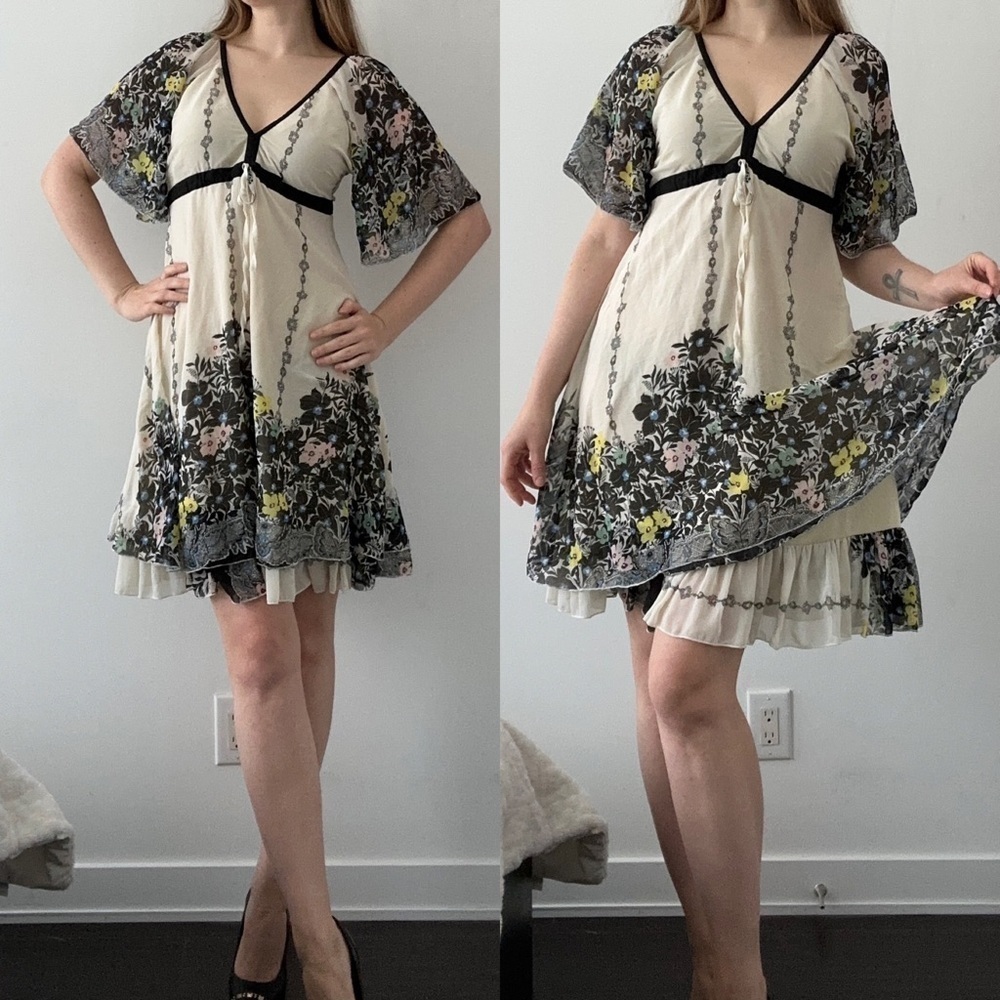 Yumi Anthropologie floral dress below knee gold thread metallic boho cocktail L